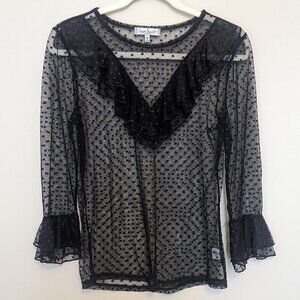 Crave Fame by Almost Famous black polka dot mesh lace ruffle top Large EUC